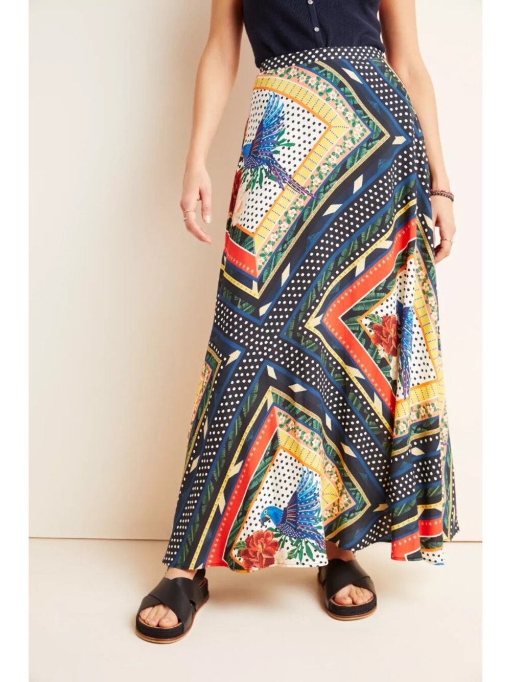 NWT Anthropologie Farm Rio Vieques Maxi in Black White Tropical Parrot Skirt XL